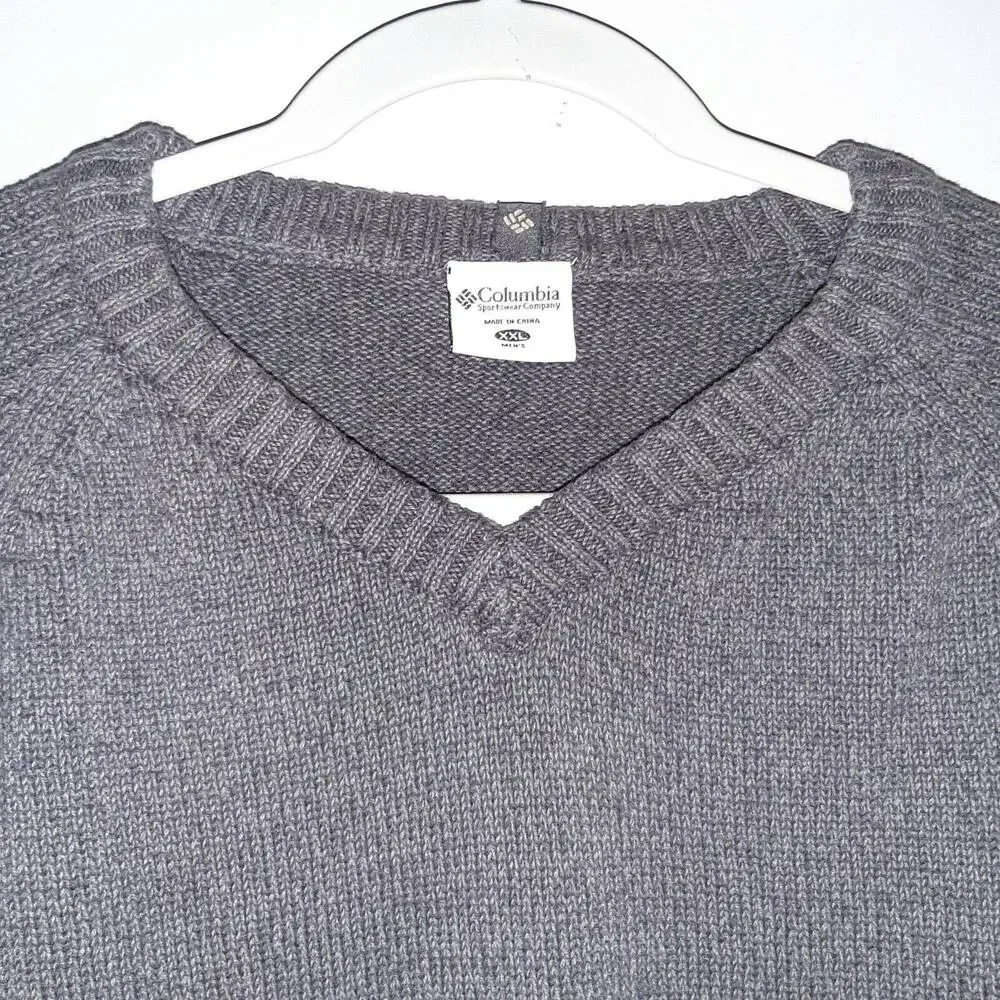 Columbia Mens Rock Gray V Neck 100% Cotton Pullover Sweater XXL Contrasting Cuff